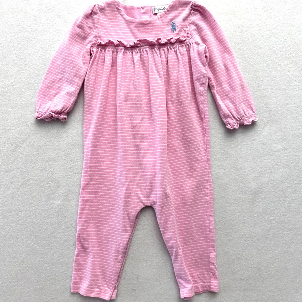 Ralph Lauren Baby Girl 9M Striped Ruffle Cotton Coverall Romper Pink White Snap
